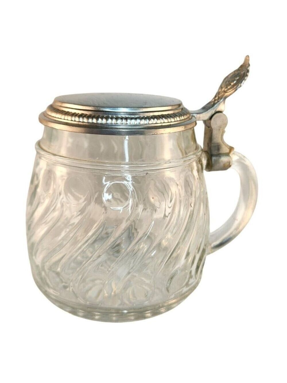 Original BMF W. Germany Glass Stein Pewter Lid Vintage Etched Glass Tankard Swir